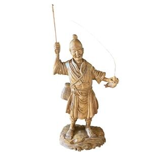 Vintage Hand Carved Old Fisherman Wooden Sculpture, Asian 11 3/4" Tall, 3 1/2"